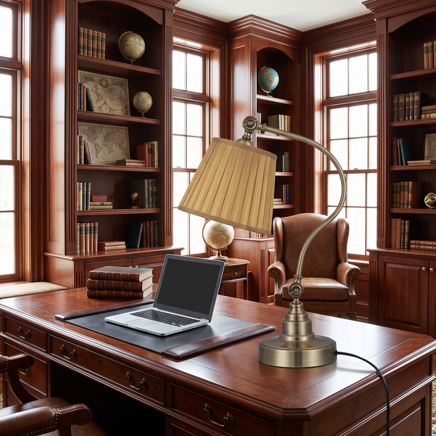 Industrial Empire-Style Metal Desk Lamp with Curved Arm and Adjustable Lighting