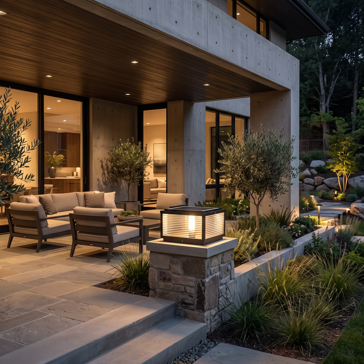 Square Pillar Light Ribbed Glass Outdoor Metal Light