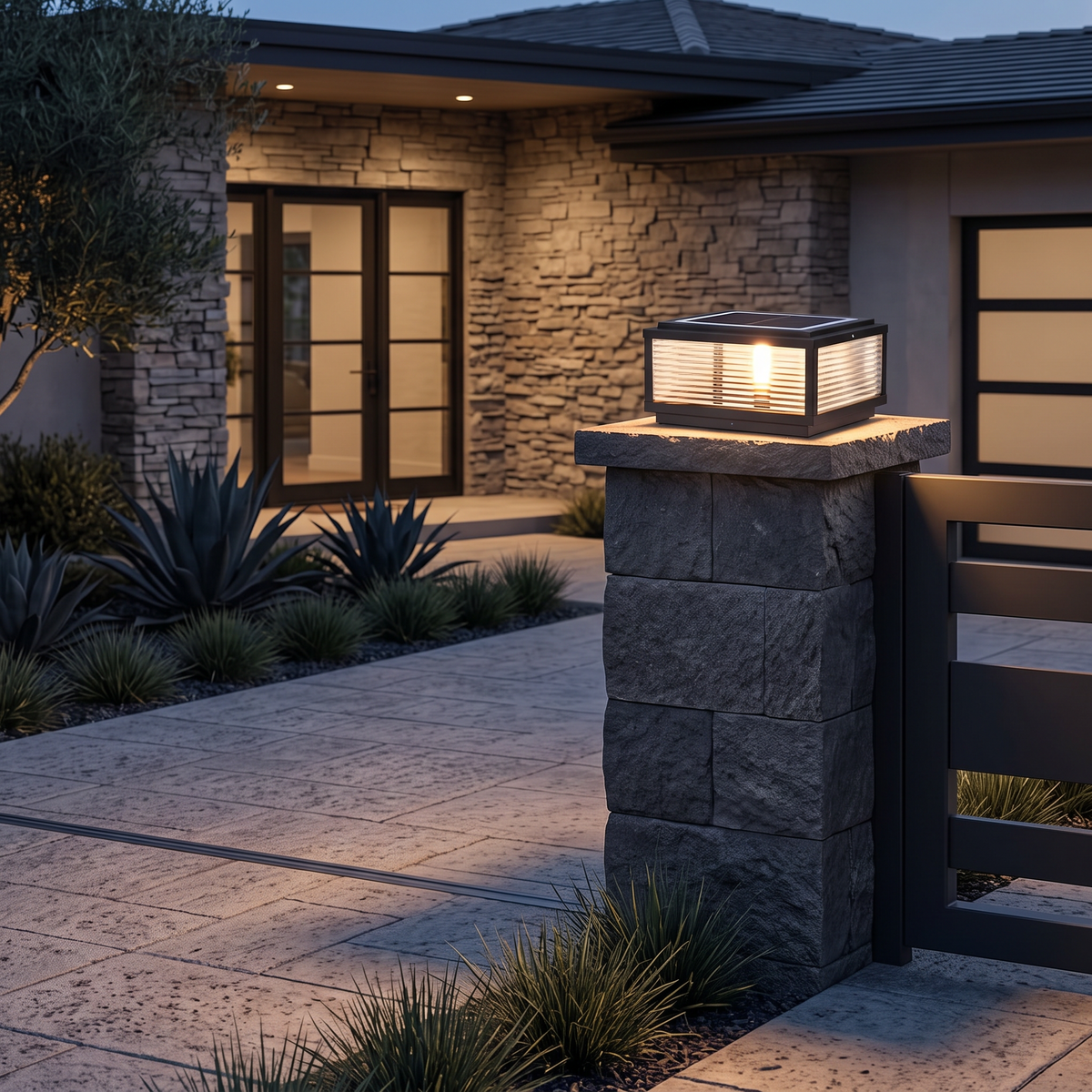 Square Pillar Light Ribbed Glass Outdoor Metal Light