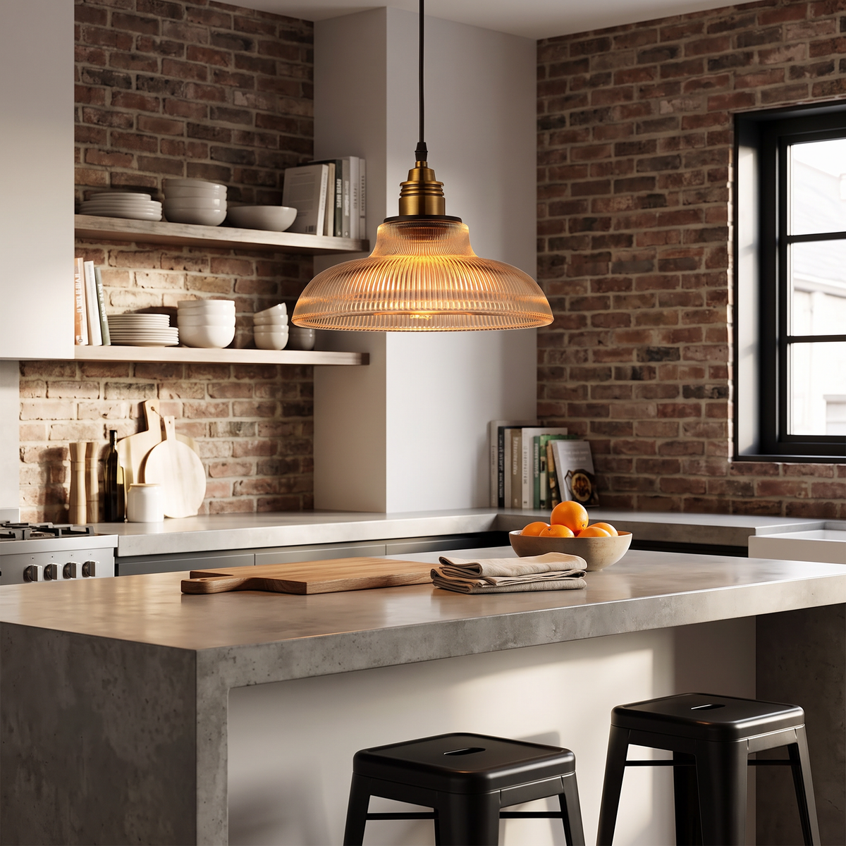 Retro Industrial Ribbed Glass Dome Pendant Lamp - 1-Light Design for Restaurants