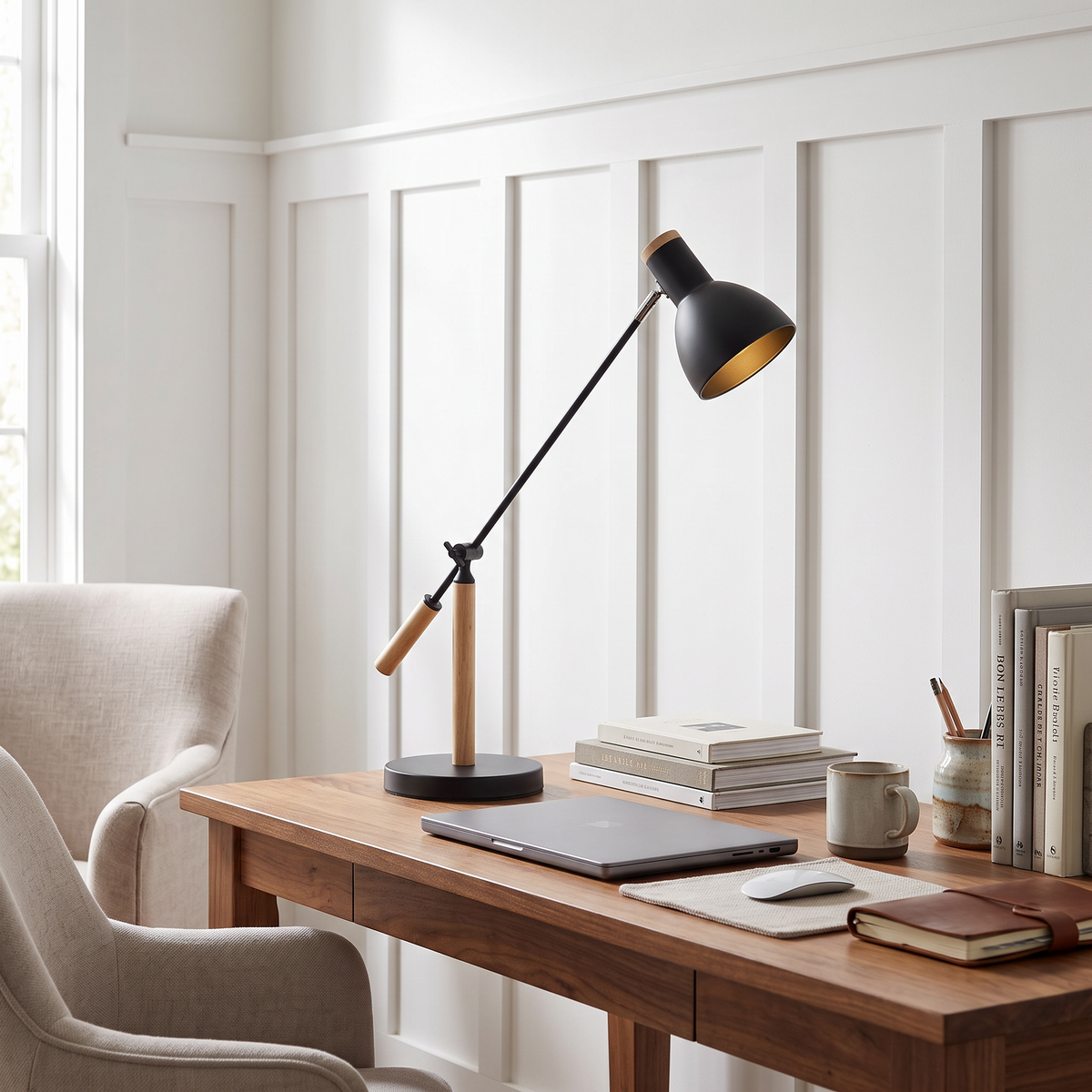 Adjustable Rotatable Wood and Metal Reading Desk Lamp for Modern Spaces