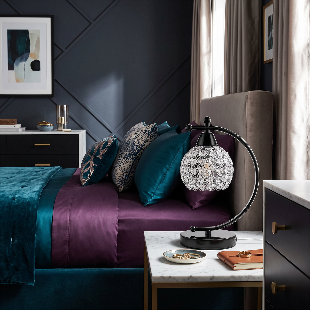 Nordic Domed Crystal Table Lamp - Small Desk Lighting with Arched Arm in Silver