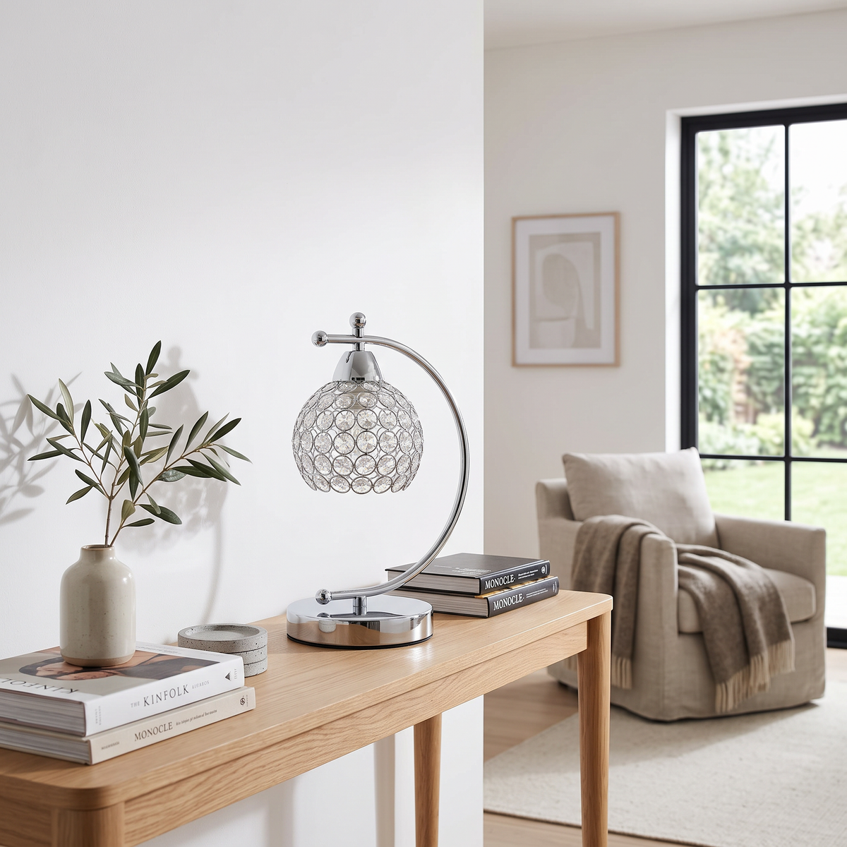 Nordic Domed Crystal Table Lamp - Small Desk Lighting with Arched Arm in Silver