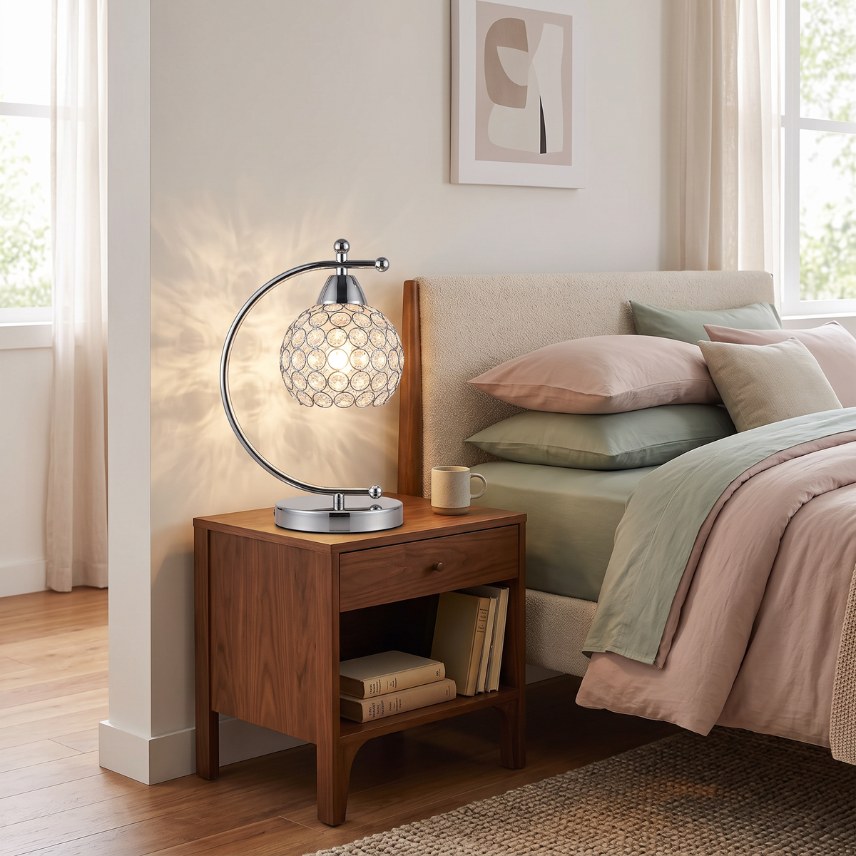 Nordic Domed Crystal Table Lamp - Small Desk Lighting with Arched Arm in Silver