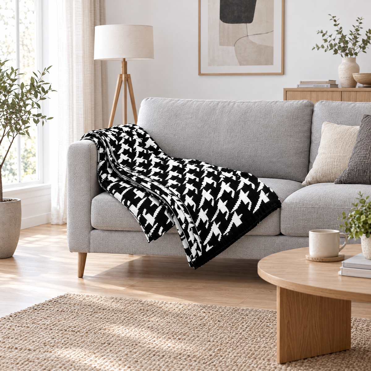 Black & White Plaid Knit Throw Blanket for Sofa - lifestyle