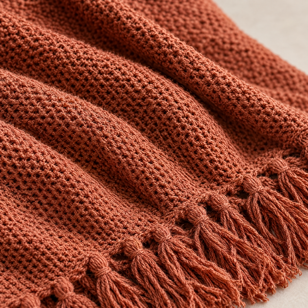 Solid Knit Tassel Throw Blanket for Bed & Sofa - Red - close-up detail