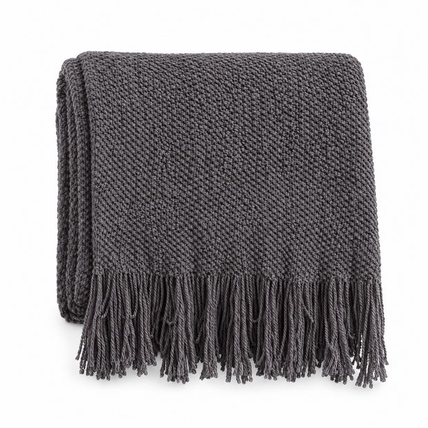 Solid Knit Tassel Throw Blanket for Bed & Sofa - Grey - white background