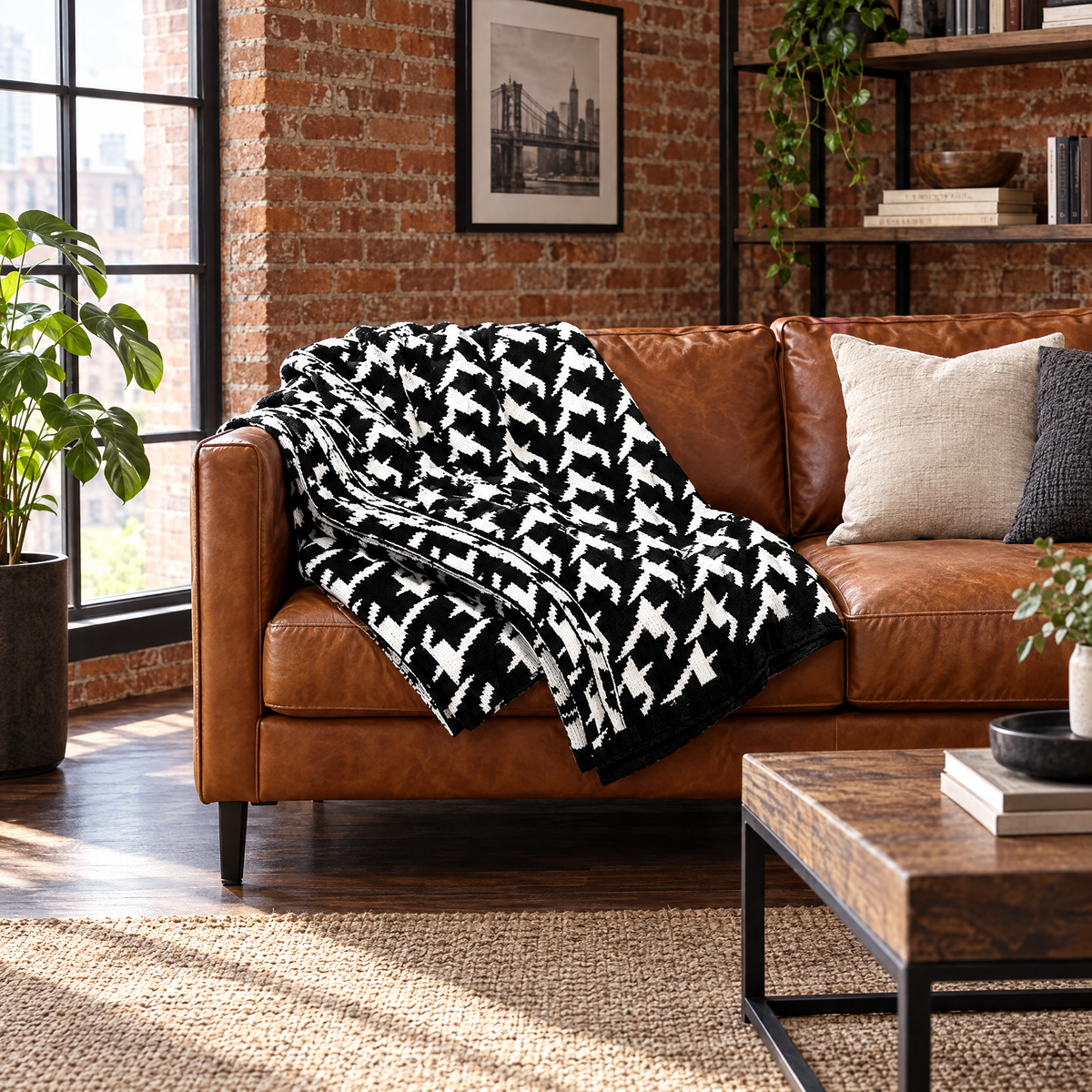 Black & White Plaid Knit Throw Blanket for Sofa - lifestyle