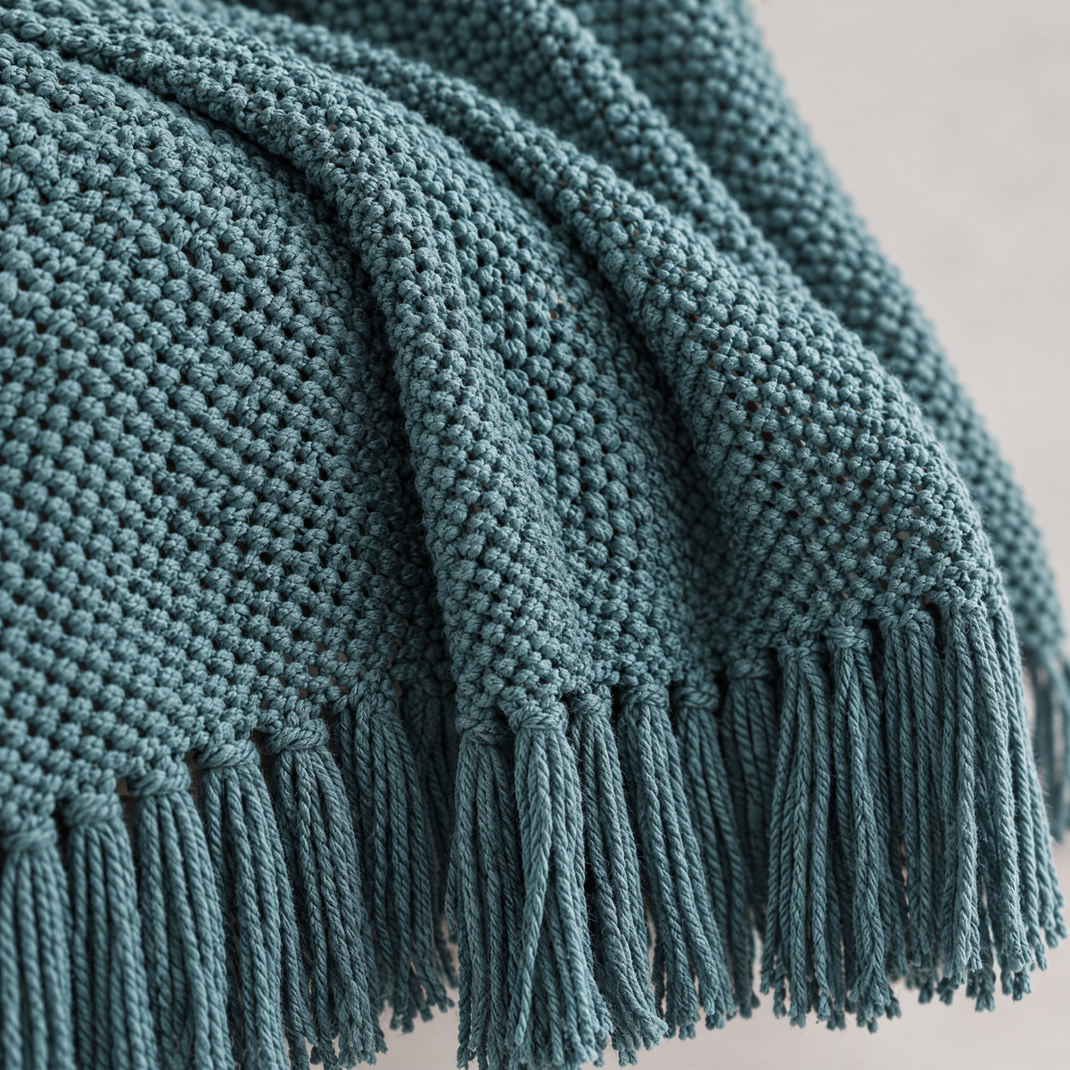 Solid Knit Tassel Throw Blanket for Bed & Sofa - Blue - close-up detail