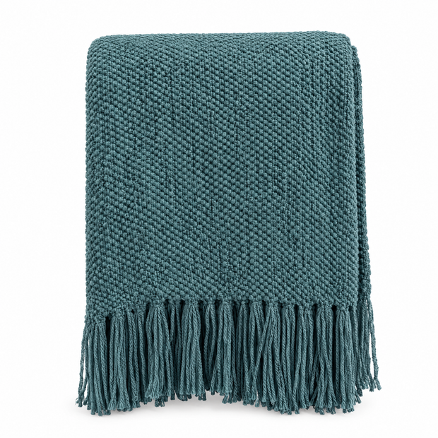 Solid Knit Tassel Throw Blanket for Bed & Sofa - Blue - white background