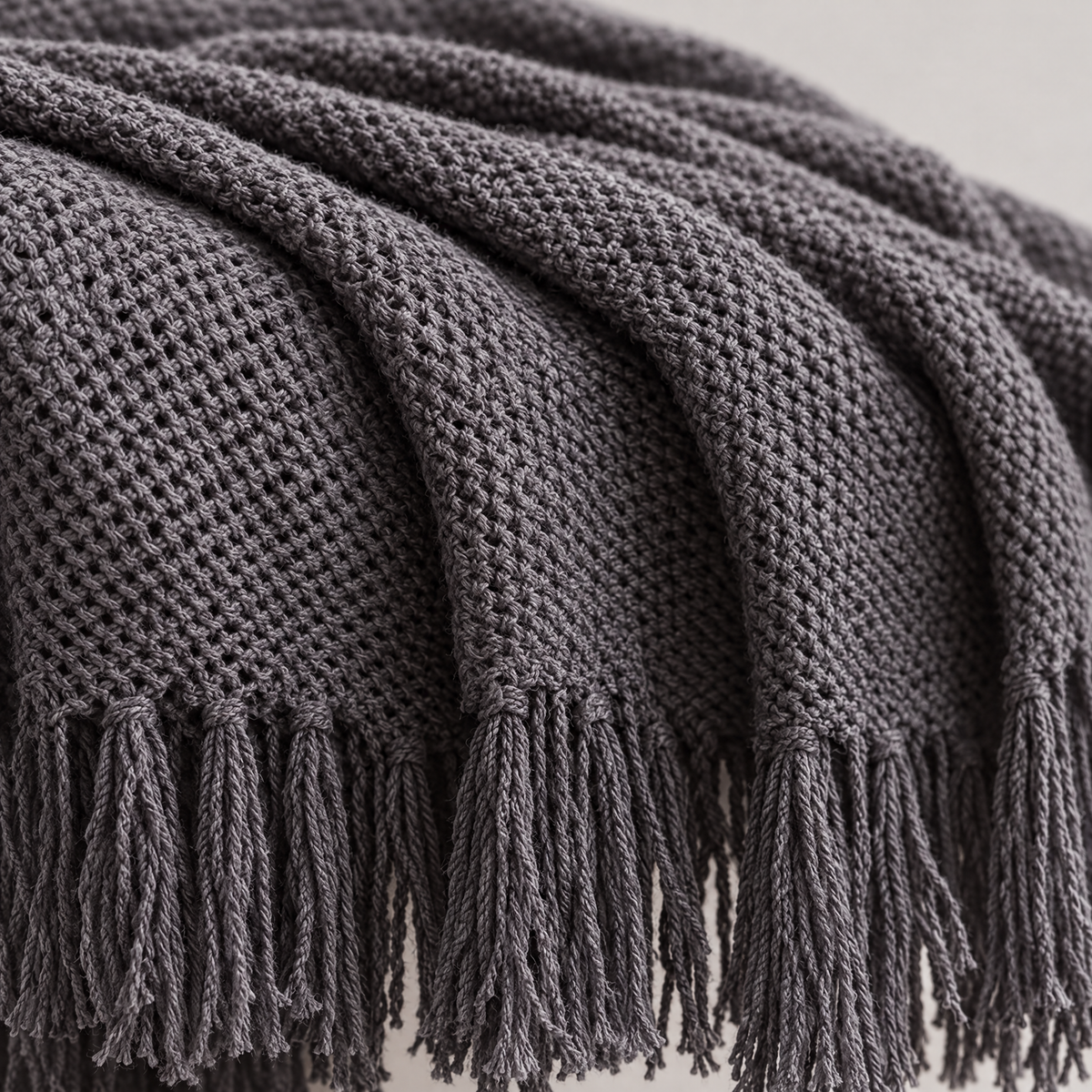Solid Knit Tassel Throw Blanket for Bed & Sofa - Grey - close-up detail