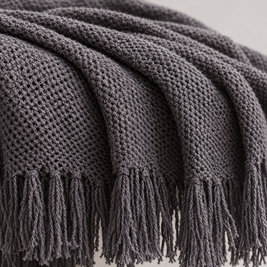 Solid Knit Tassel Throw Blanket for Bed & Sofa - Grey - close-up detail