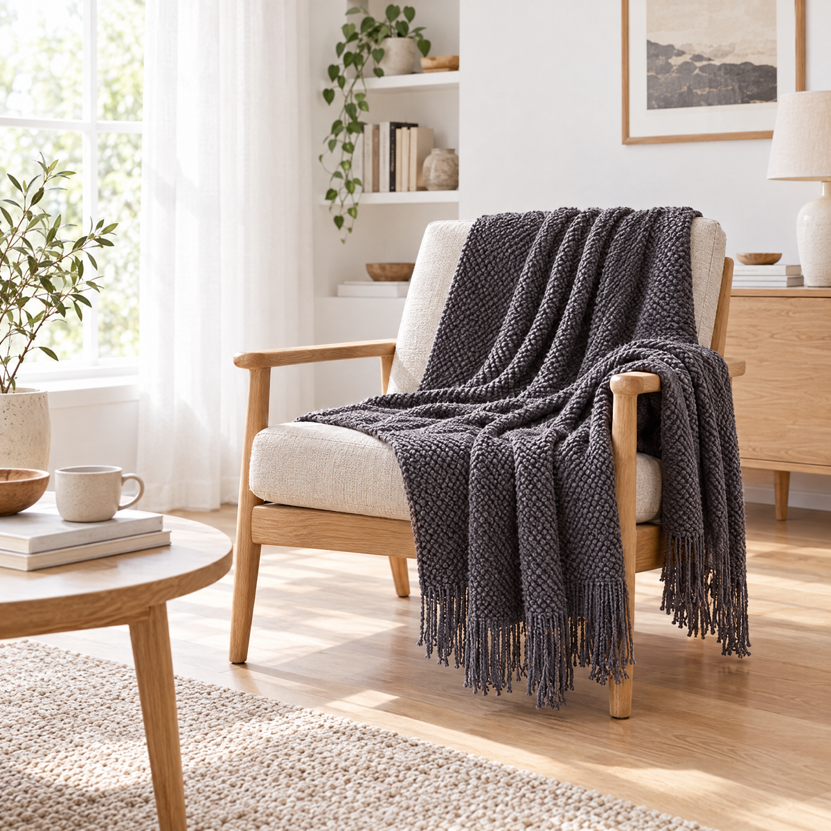 Solid Knit Tassel Throw Blanket for Bed & Sofa - Grey - lifestyle