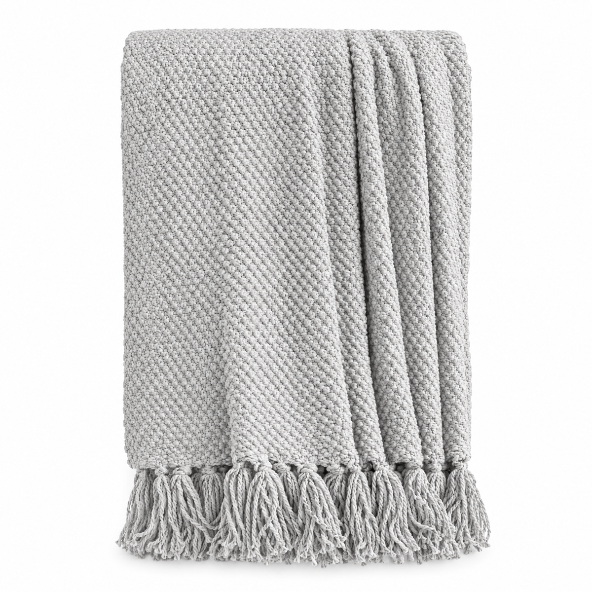 Solid Knit Tassel Throw Blanket for Bed & Sofa - Light Grey - white background