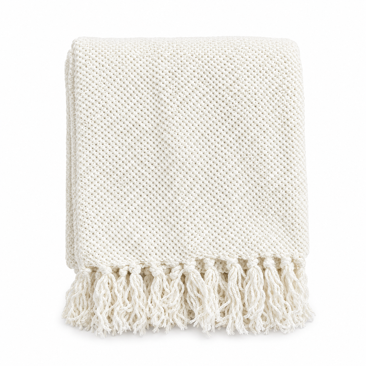 Solid Knit Tassel Throw Blanket for Bed & Sofa - Milky White - white background