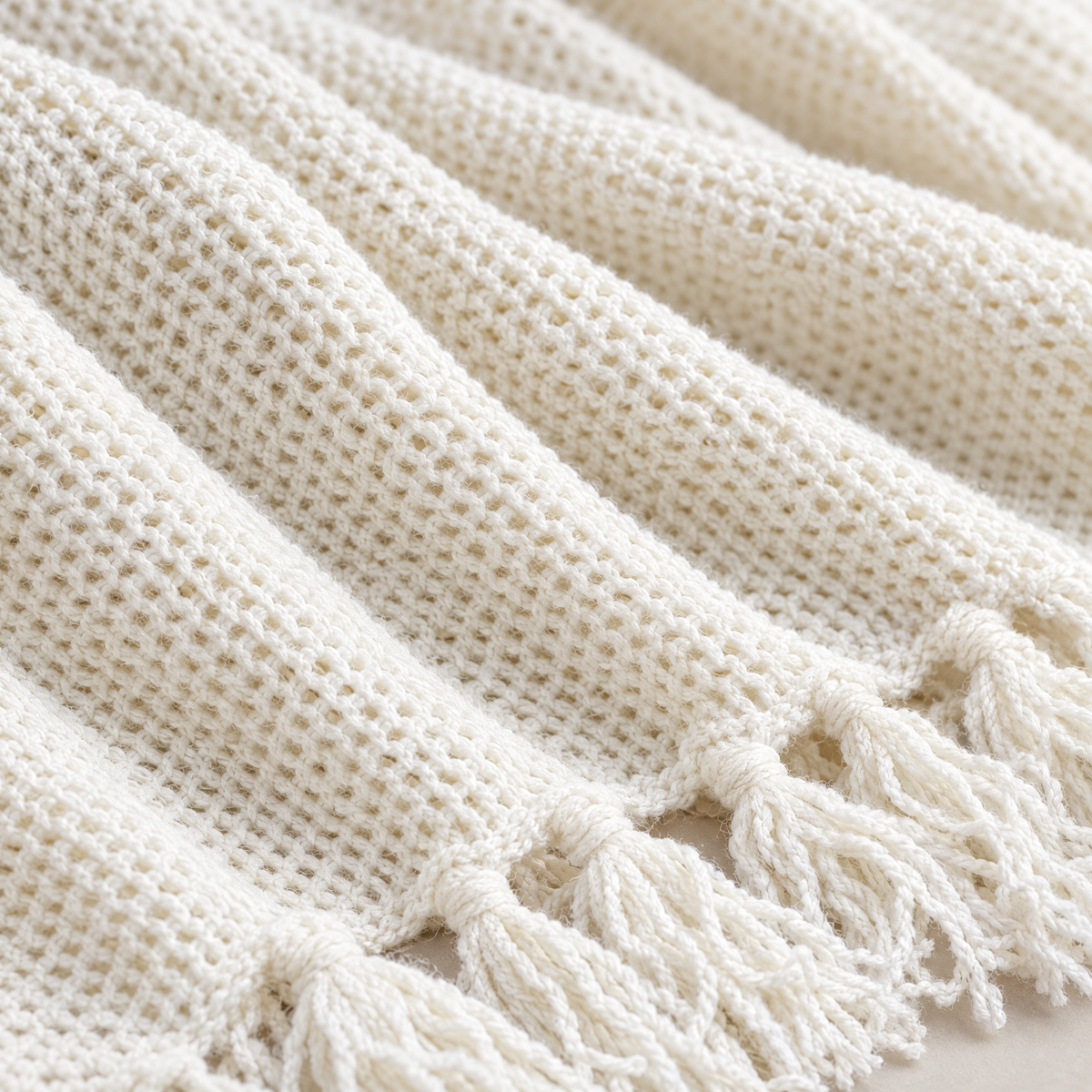 Solid Knit Tassel Throw Blanket for Bed & Sofa - Milky White - close-up detail