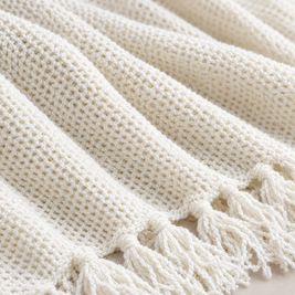 Solid Knit Tassel Throw Blanket for Bed & Sofa - Milky White - close-up detail