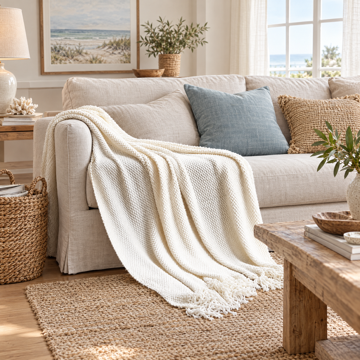 Solid Knit Tassel Throw Blanket for Bed & Sofa - Milky White - lifestyle