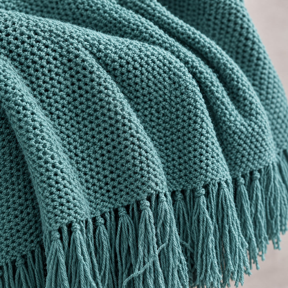 Solid Knit Tassel Throw Blanket for Bed & Sofa - Lake Green - close-up detail