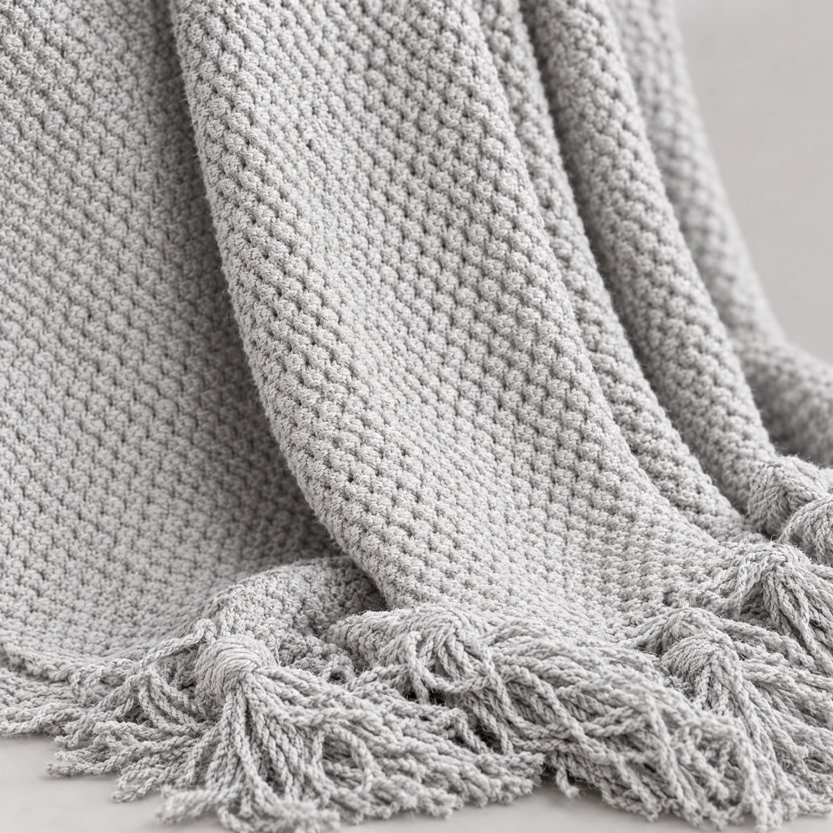 Solid Knit Tassel Throw Blanket for Bed & Sofa - Light Grey - close-up detail