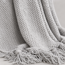 Solid Knit Tassel Throw Blanket for Bed & Sofa - Light Grey - close-up detail