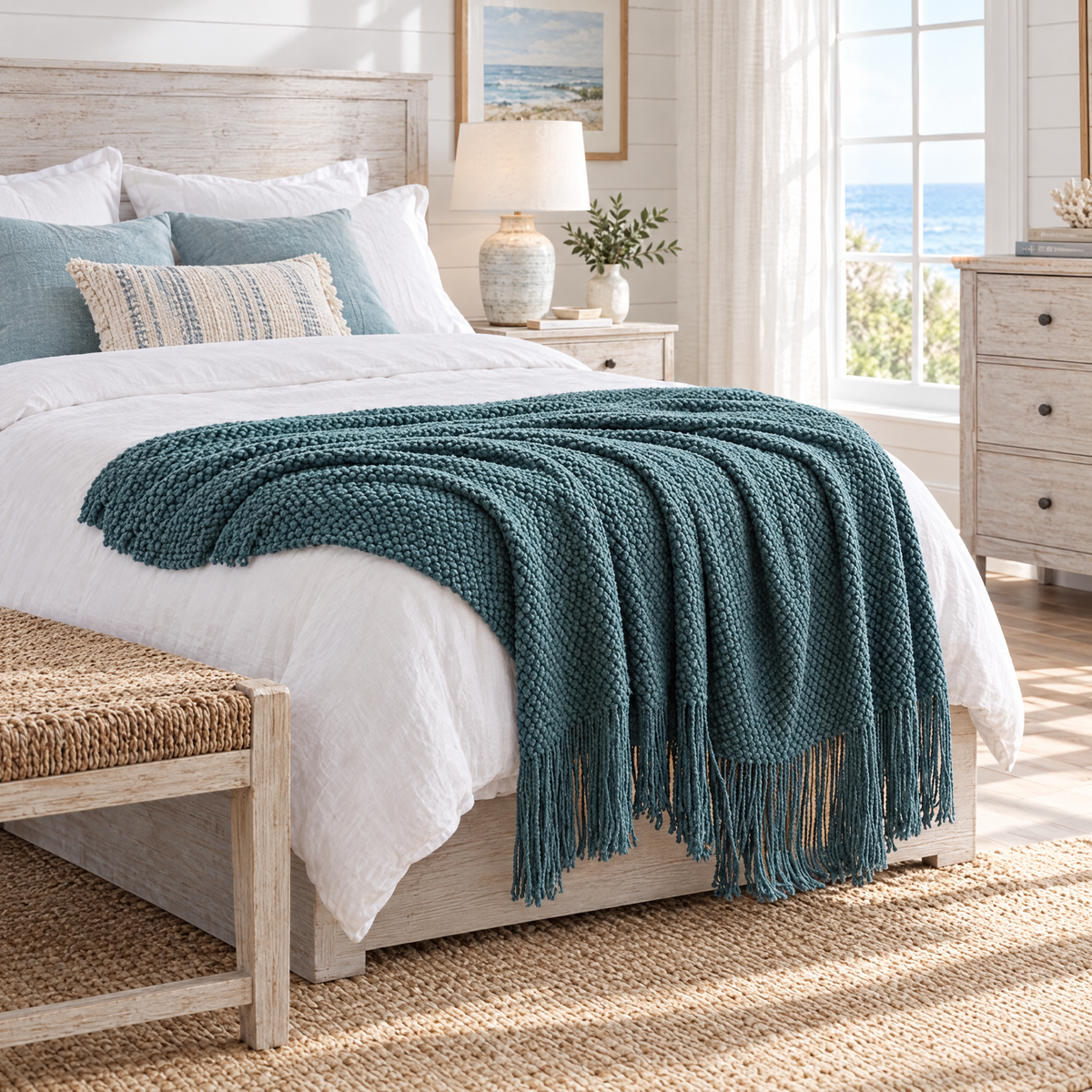 Solid Knit Tassel Throw Blanket for Bed & Sofa - Blue - lifestyle