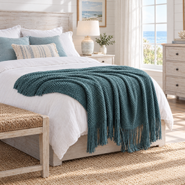 Solid Knit Tassel Throw Blanket for Bed & Sofa - Blue - lifestyle