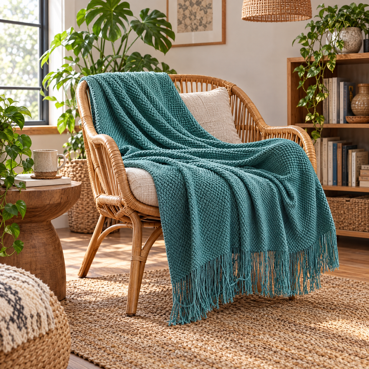 Solid Knit Tassel Throw Blanket for Bed & Sofa - Lake Green - lifestyle