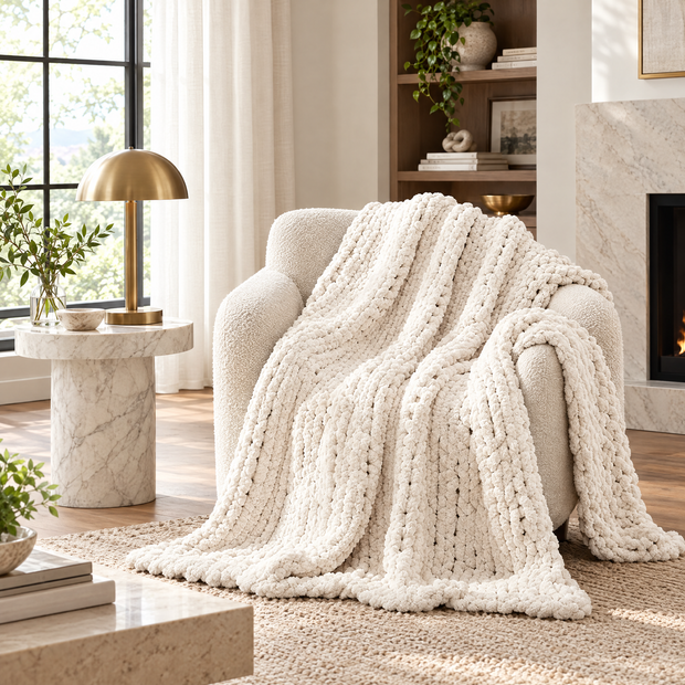Chunky Chenille Knit Blanket for Bed & Couch - 2 - lifestyle