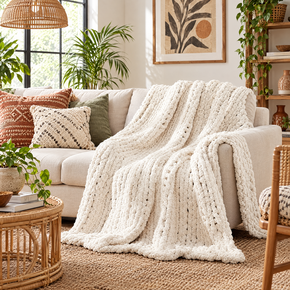 Chunky Chenille Knit Blanket for Bed & Couch - 2 - lifestyle