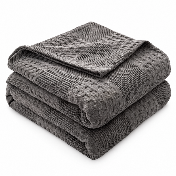 100% Cotton Waffle Weave Throw Blanket, Breathable - Dark Grey - white background
