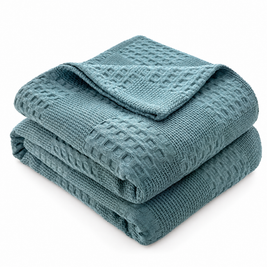 100% Cotton Waffle Weave Throw Blanket, Breathable - Lake Blue - white background