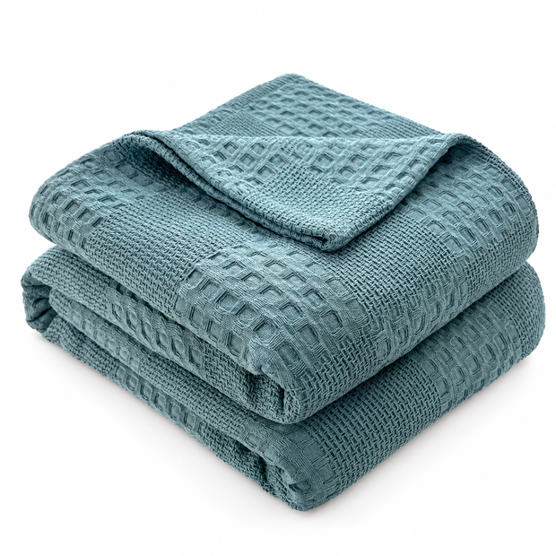 100% Cotton Waffle Weave Throw Blanket, Breathable - Lake Blue - white background