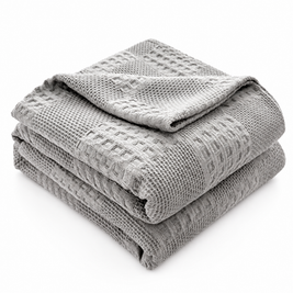 100% Cotton Waffle Weave Throw Blanket, Breathable - Light Grey - white background
