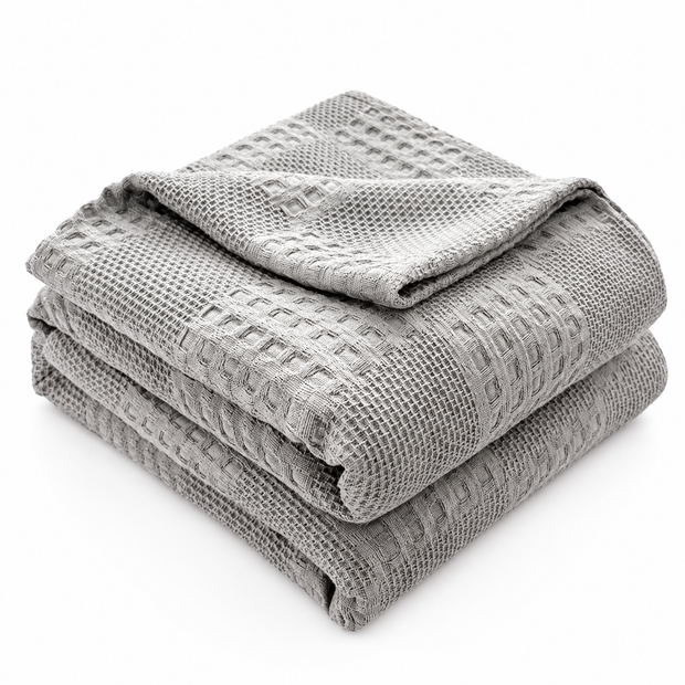 100% Cotton Waffle Weave Throw Blanket, Breathable - Light Grey - white background