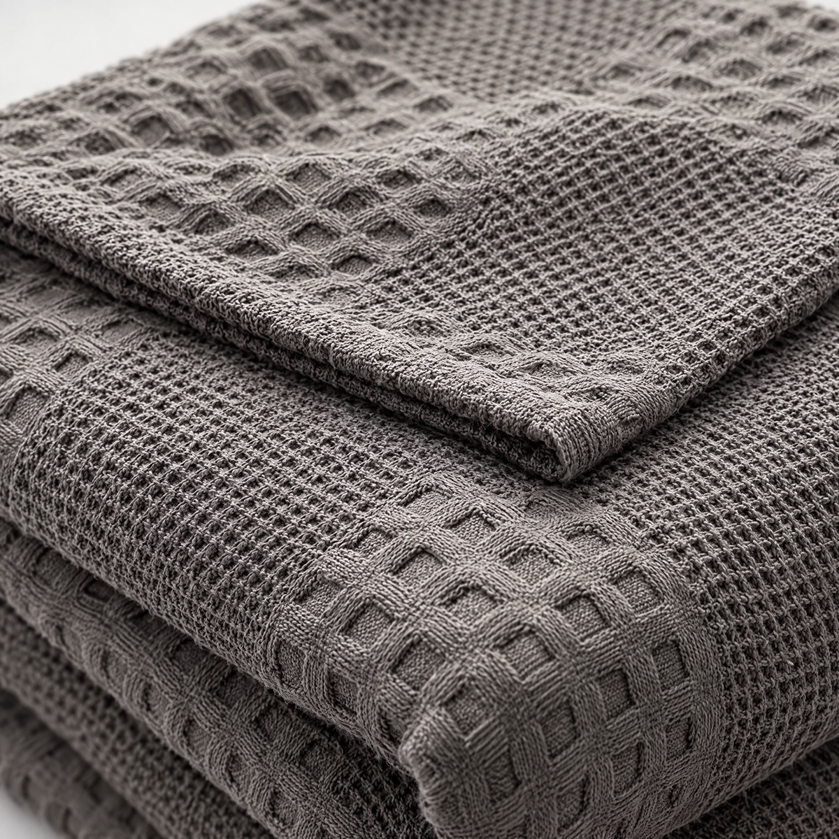 100% Cotton Waffle Weave Throw Blanket, Breathable - Dark Grey - close-up detail