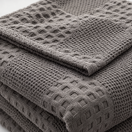 100% Cotton Waffle Weave Throw Blanket, Breathable - Dark Grey - close-up detail