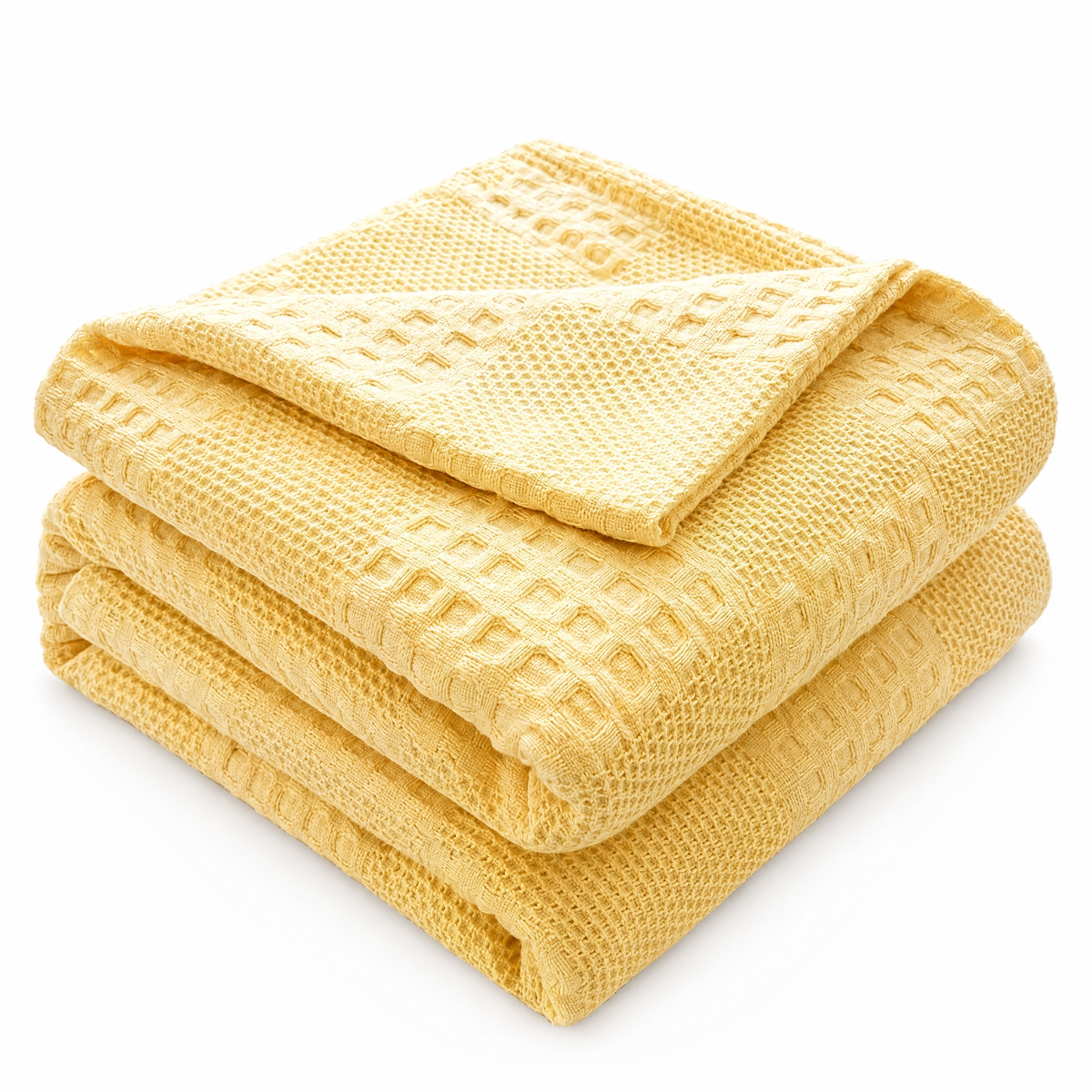 100% Cotton Waffle Weave Throw Blanket, Breathable - YELLOW - white background