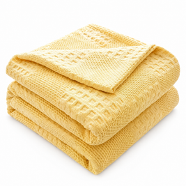 100% Cotton Waffle Weave Throw Blanket, Breathable - YELLOW - white background