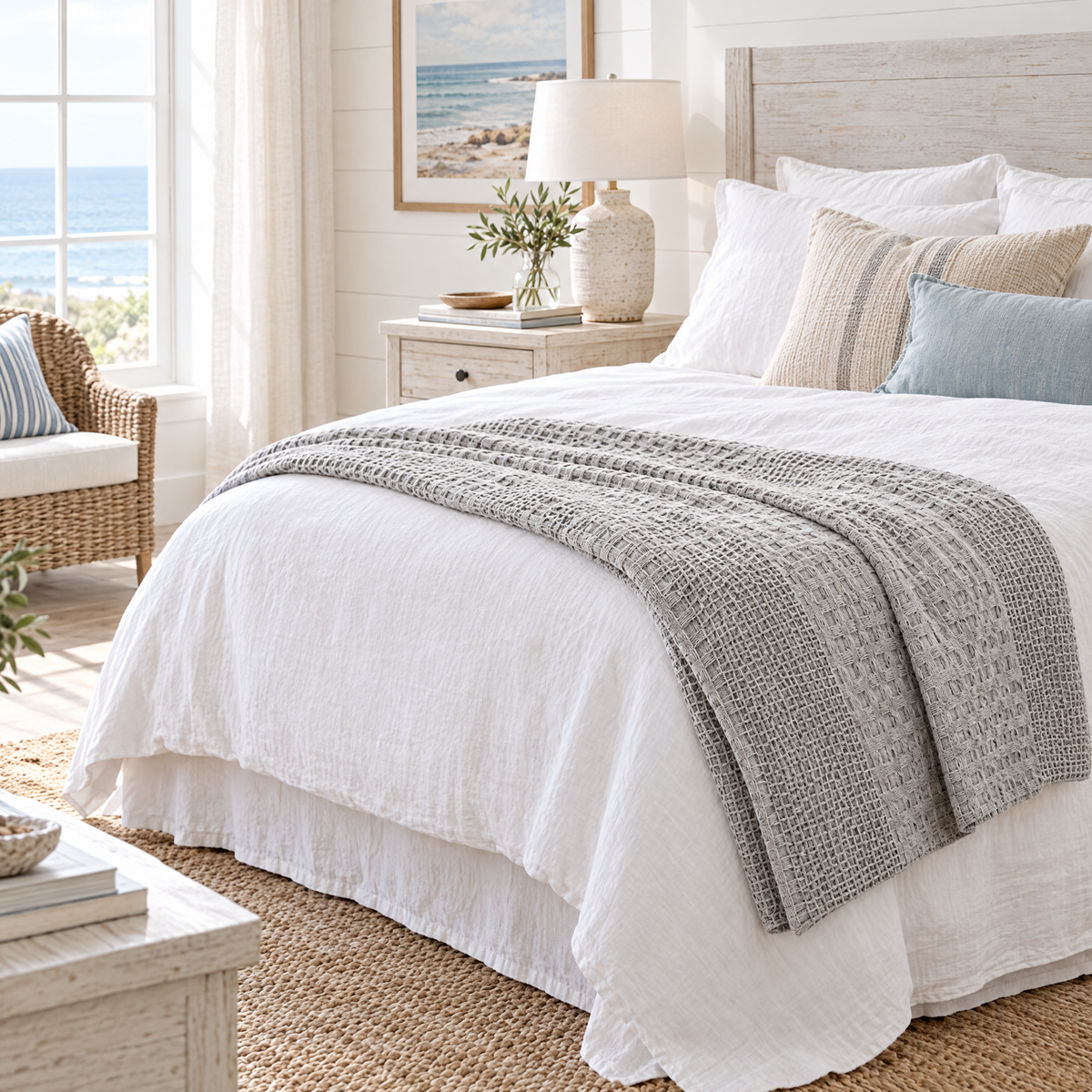 100% Cotton Waffle Weave Throw Blanket, Breathable - Light Grey - lifestyle