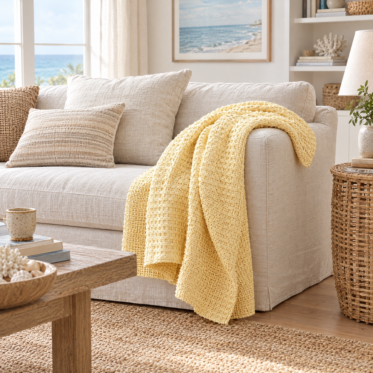 100% Cotton Waffle Weave Throw Blanket, Breathable - YELLOW - lifestyle