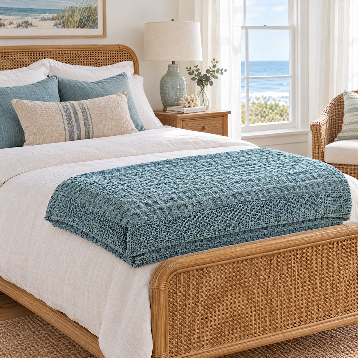 100% Cotton Waffle Weave Throw Blanket, Breathable - Lake Blue - lifestyle