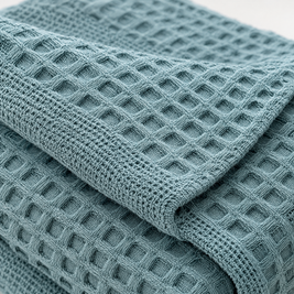 100% Cotton Waffle Weave Throw Blanket, Breathable - Lake Blue - close-up detail