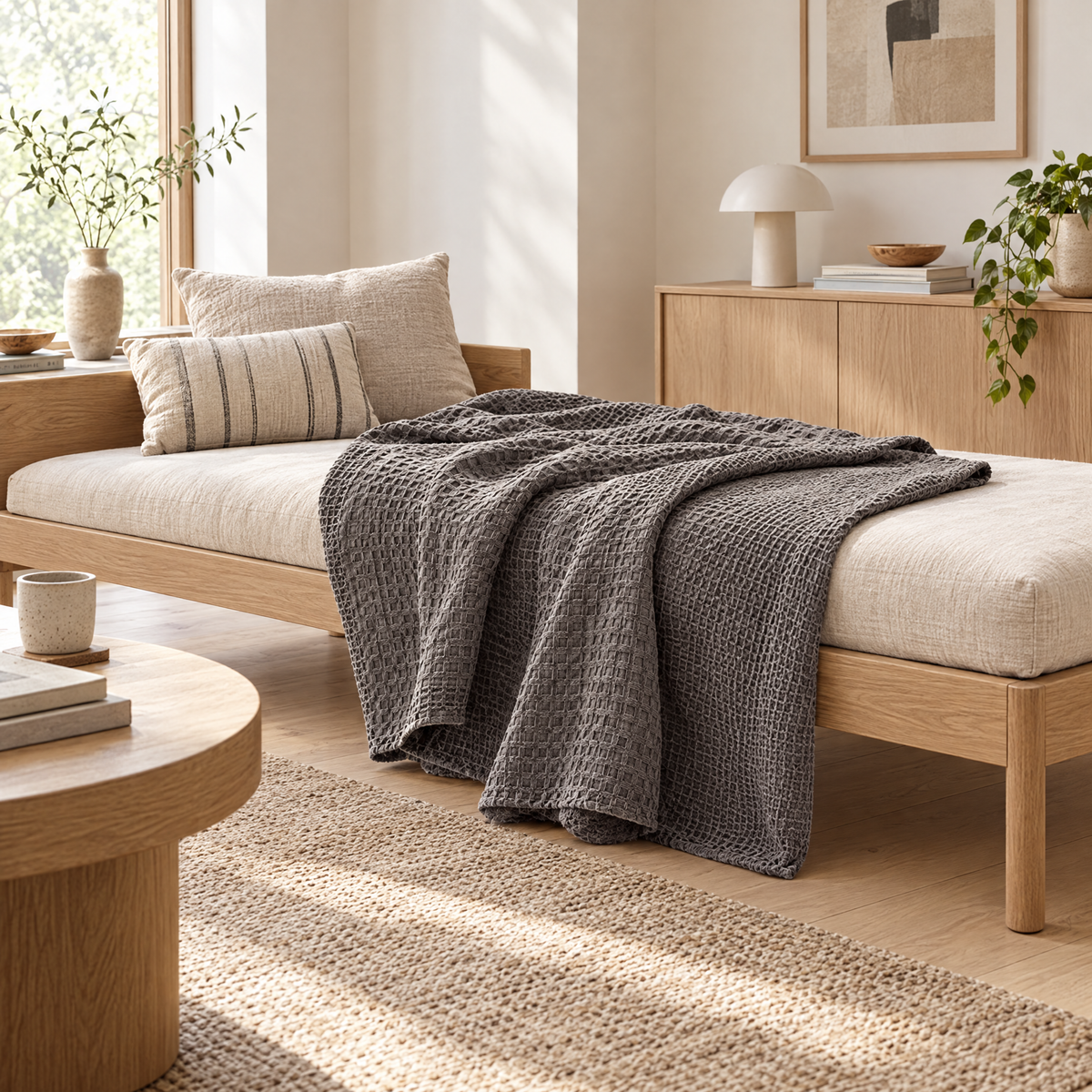 100% Cotton Waffle Weave Throw Blanket, Breathable - Dark Grey - lifestyle