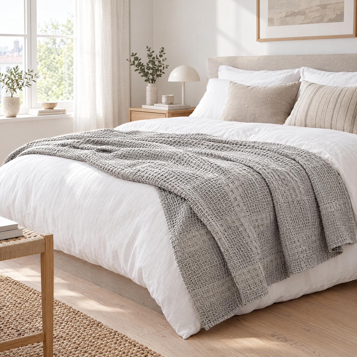 100% Cotton Waffle Weave Throw Blanket, Breathable - Light Grey - lifestyle