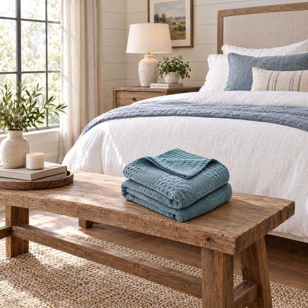 100% Cotton Waffle Weave Throw Blanket, Breathable - Lake Blue - lifestyle