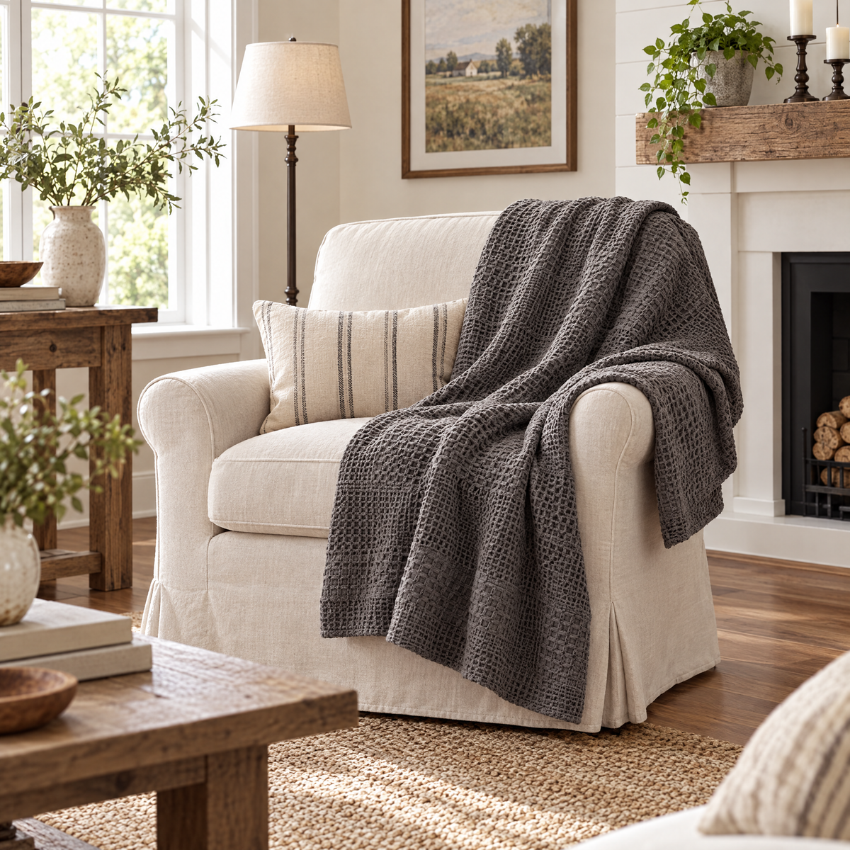 100% Cotton Waffle Weave Throw Blanket, Breathable - Dark Grey - lifestyle