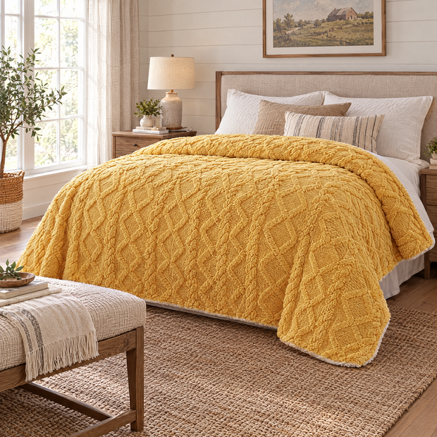 Thick Lamb Wool Weighted Winter Blanket Comforter - yellow - lifestyle