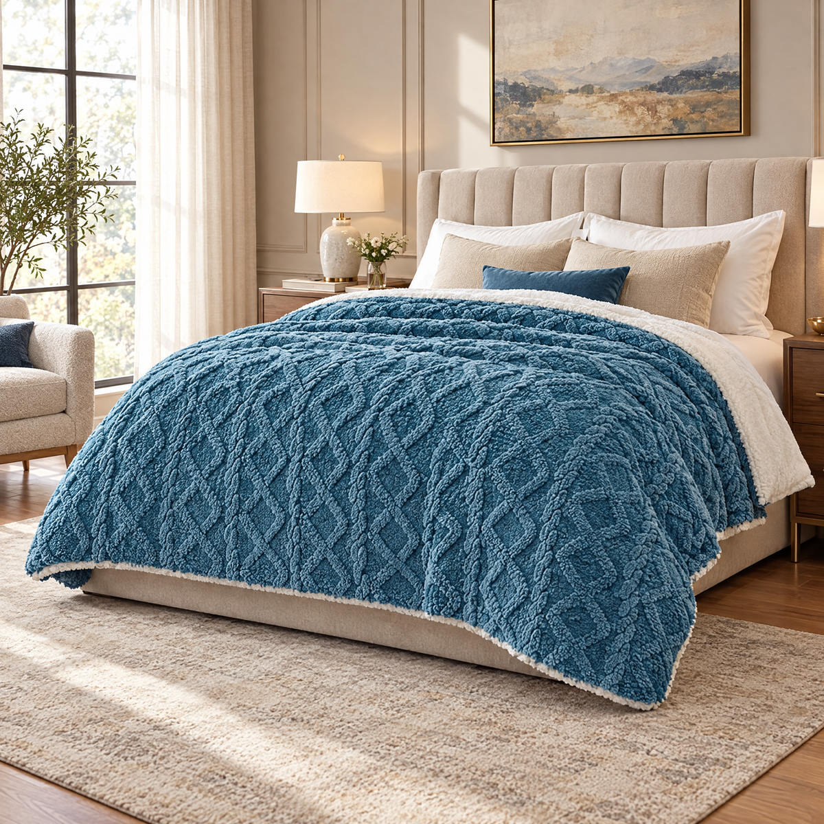 Thick Lamb Wool Weighted Winter Blanket Comforter - blue - lifestyle