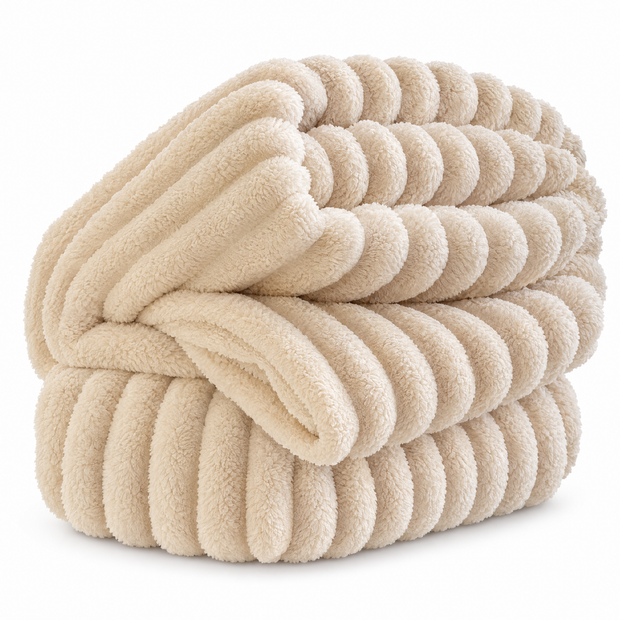 Soft Fluffy Striped Throw Blanket, 250 GSM Warmth - beige - white background